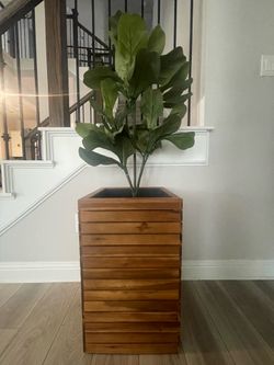 Tall Wooden Planter with Faux Fiddle Leaf Fig Tree - Home Decor