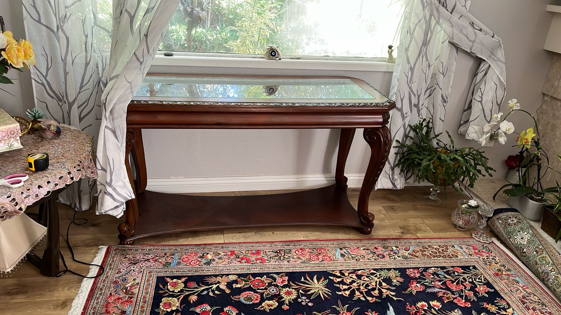 Wooden Glass Top Console With Detail Carving