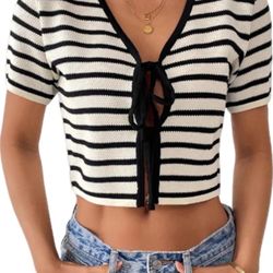 L size Women's Front Lace Up Short Sleeved Ribbed Knitted Shawl Sweater Cardigan with Exposed Navel Top