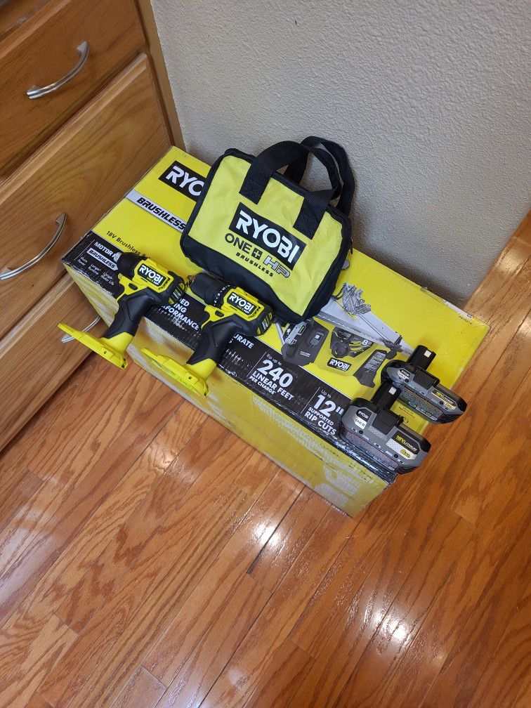 Ryobi 18V 'HP' 8 1/4" Table Saw, 1/2" Drill, 1/4" Hex Impact Driver, Batteries, Charger, Carry Bag