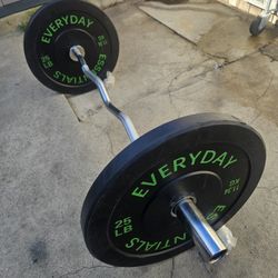New Olympic Curl Bar with pair 25lbs New Bumper Plates