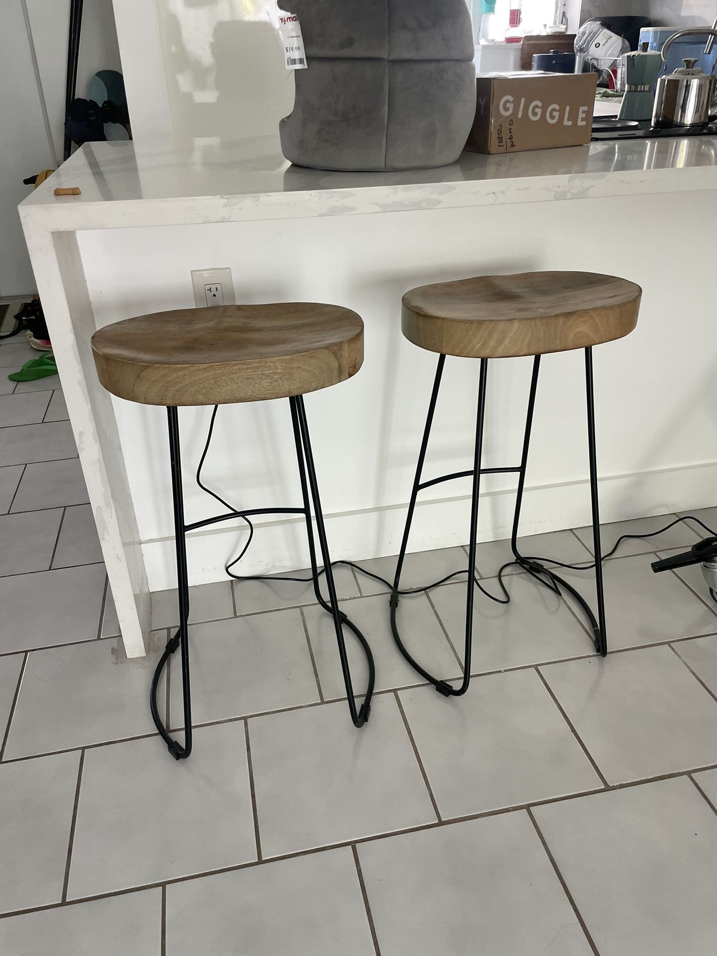 Two Wood And Metal Bar Stools
