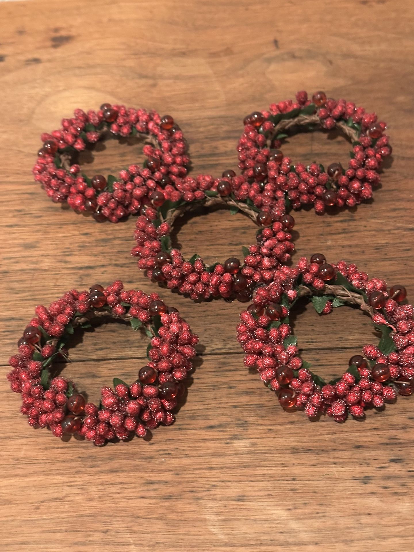 5 Christmas Red & Green Beaded Berries and Leaves Napkin Rings