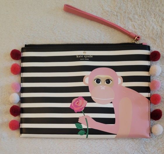 Kate Spade Rambling Roses Monkey Wristlet - With Zipper and Pom Poms