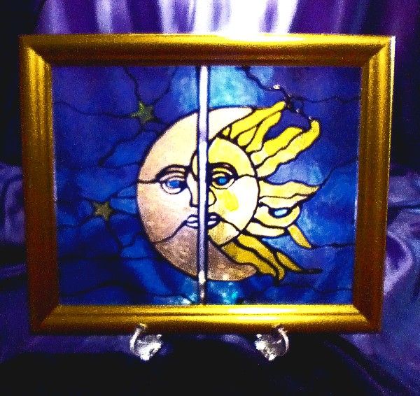 Sun/Moon Painted Glass In Frame w/Stand