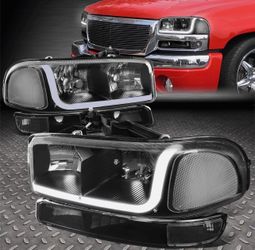 GMC SIERRA YUKON 4PCs LED DRL Strip Headlight + Bumper Lamp Compatible with 99-07 Sierra/Yukon Does NOT Fit Denali Trims Black Housing