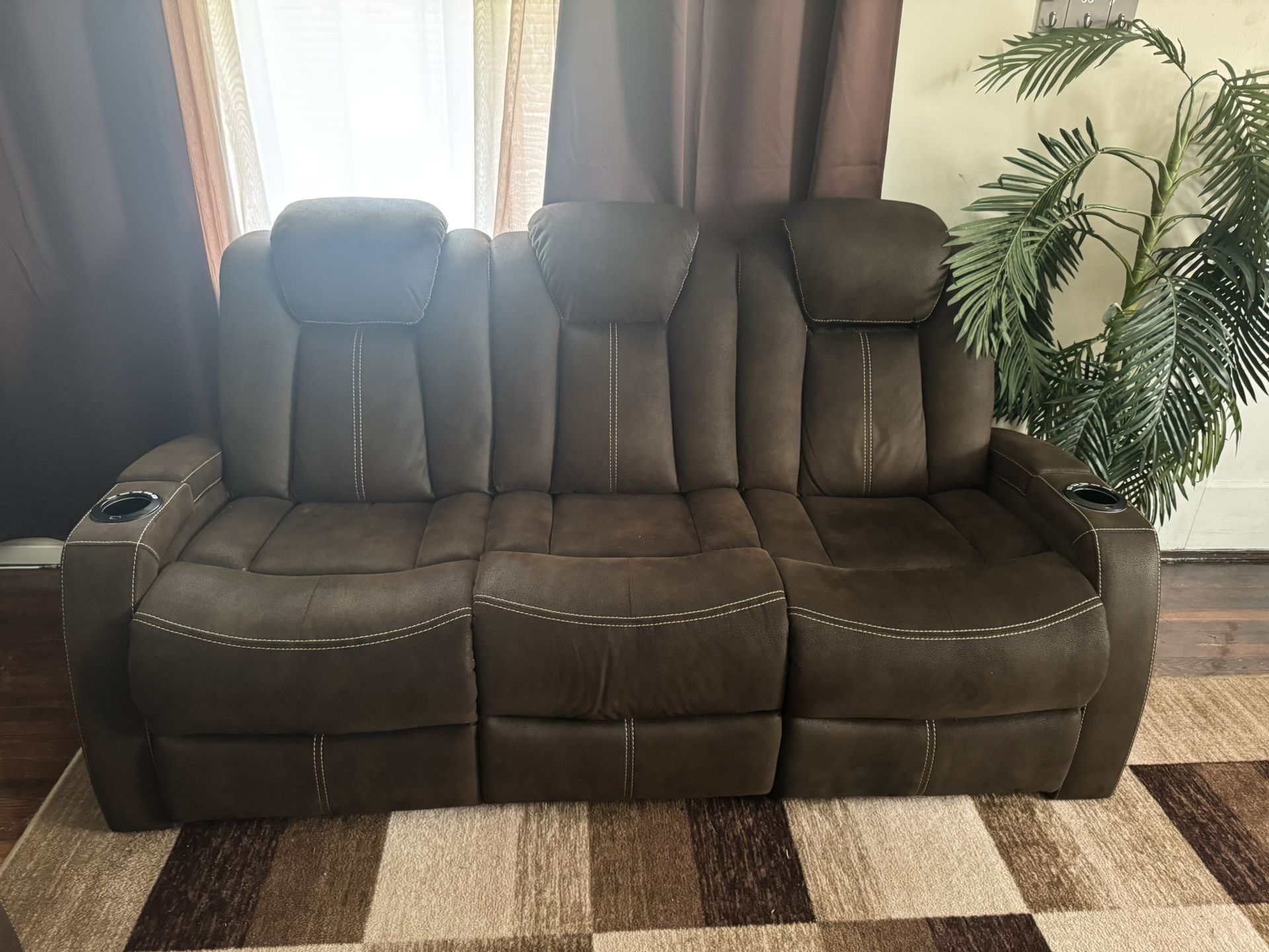 Suede Brown Reclining Sofa And Love Seat