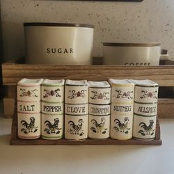 Vintage Spice Jars w/ Wooden Shelf