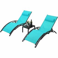  Outdoor Chaise Lounge Chairs Set of 2 with Side Table, Patio Furniture Adjustable Loungers, Reclining Chair for Backyard, Garden, Beach, Poolside