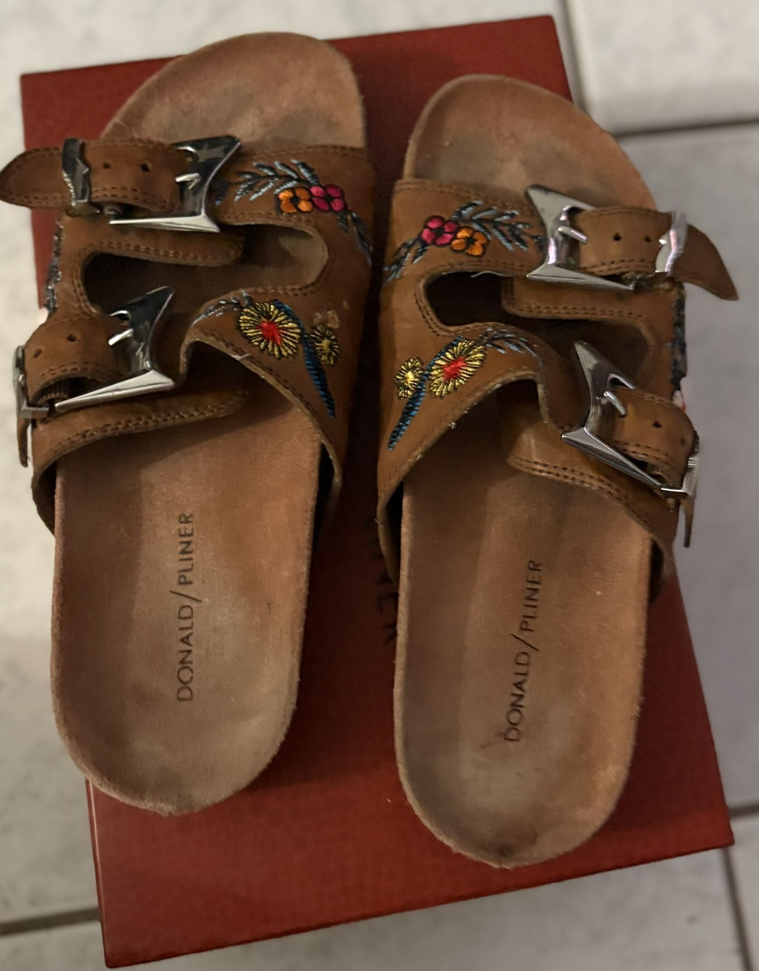 Donald J. Pliner Siena Distressed Nappa Brown and Red Embroidered Sandals