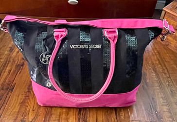 Victoria's Secret tote bag in black with sequins and hot pink trim.