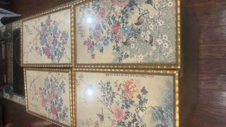 Vintage Chinese Flower Bird  Paintings Lot Of Four