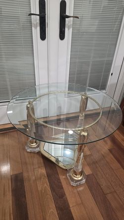Lucite Brass Table with Glass Top and Mirror