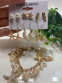 Fashion Bohemian Conch Shell Drop Earrings Set (6 Pairs) and Bracelet