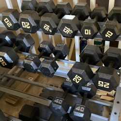 Set Of 14 Cast Hex Dumbbells - 10/15/20/25/30/35/40