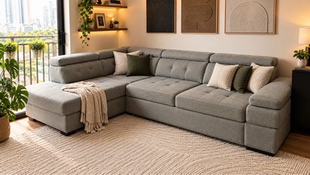 Gray Fabric L-Shaped Sectional Sofa
