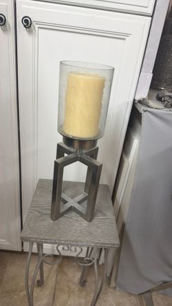 Silver metal candle holder, distinctive open “x” frame base, cylinder glass insert, w/ candle, large glass holder, silver finish