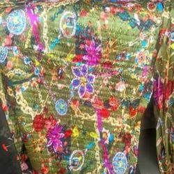 Le Caviar Green Floral Chain Print Smocked Top L