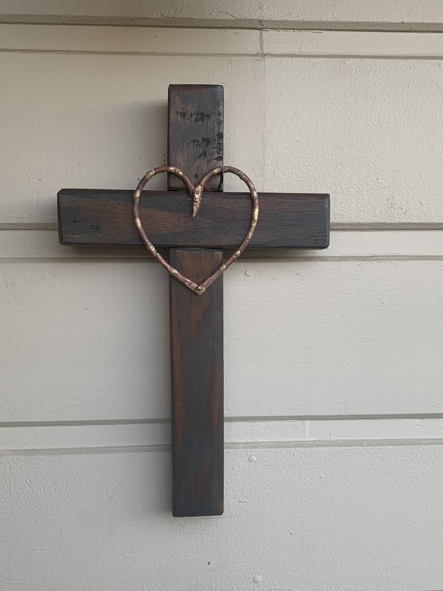 Cross; Handcrafted; Solid Wood; With Cooper Heart; 19” X 12”