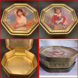 Vintage 2-Sided Octagon Metal Tin, Large Metal Container, Victorian Boy and Girl 