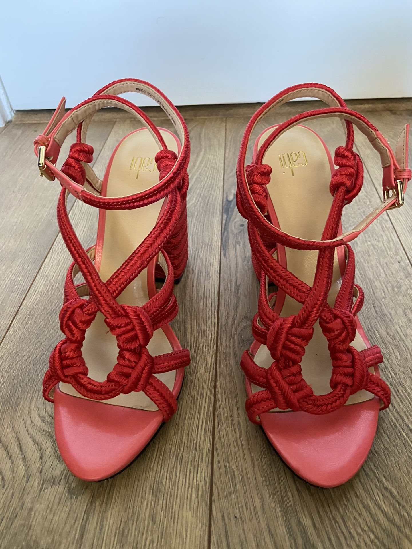 Cabi red chunky strappy heels with rope detail sz 7.5
