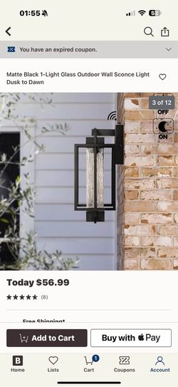 BRAND NEW IN box Matte Black 1-Light Glass Outdoor Wall Sconce Light Dusk to Dawn