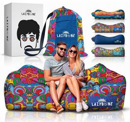Chillbo Inflatable Couch – Unique Designs - No-Pump Setup, Ripstop Polyester, Stability Pegs, Fun Prints - Portable Air Inflatable Lounger for Beach, 