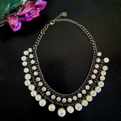  Faux Pearl Silver toned Chain Necklace with clear Rhinestones

