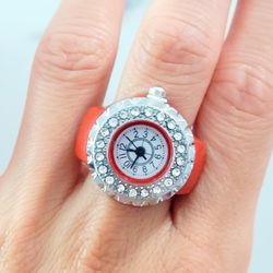 Red Burgundy diamond face women's girl's Quartz ring watch Gift