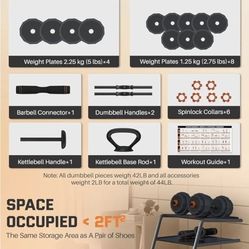Lusper Adjustable Weights Dumbbells Set, 44LB/55LB/66LB Free Weights, 3 in 1 Mutiweight Dumbbell/Barbell/Kettlebell with Connector, Versatile Weight S