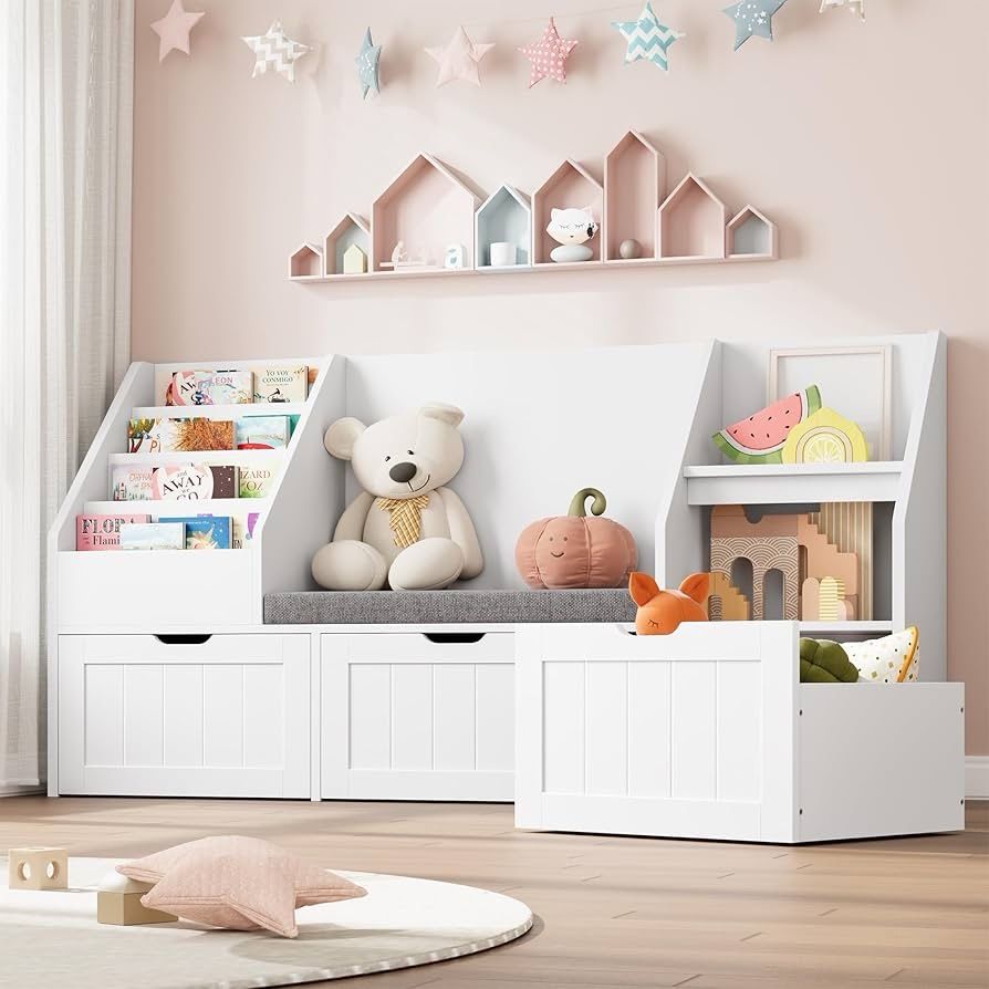55.1’’ Kids Bookshelf with Reading Nook, Toy Storage Organizer with Seat Cushion and 3 Movable Drawers, Kids Reading Nook Toy Organizers and Storage w