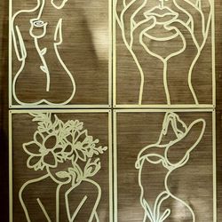 4 Pc Gold Metal Wall Art Decor Woman Body Shape Line Art Panels 17x12