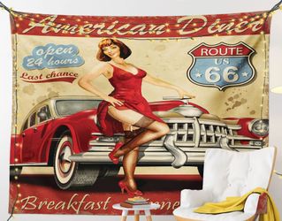 Vintage Route 66 American Diner Eye-Catching Iconic Wall Tapestry 37"× 28"