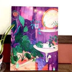 Magical Moody Bathroom Bohemian Canvas Print Wall Hanging Art Purple Plant Lady Monstera 18x24”