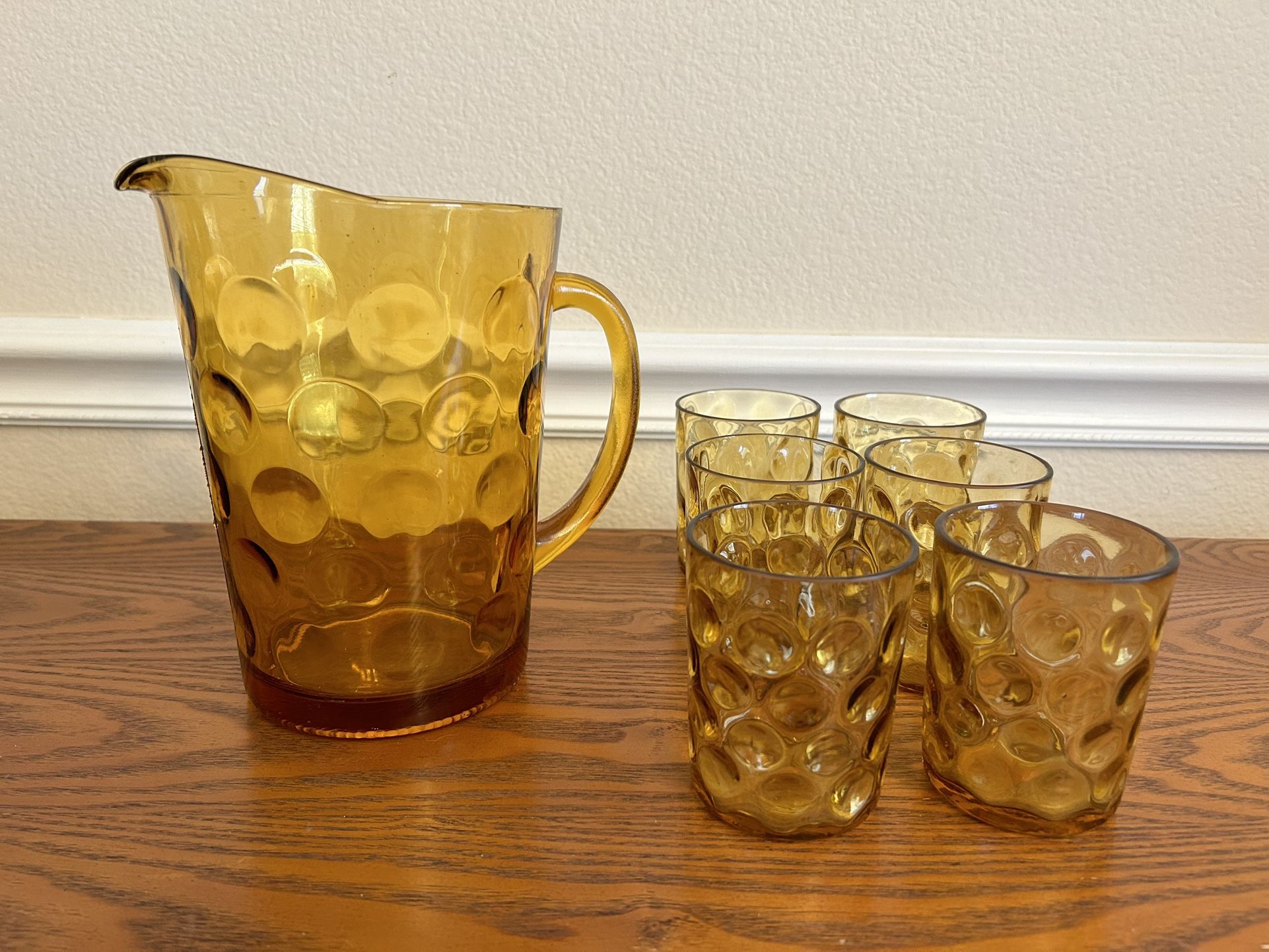 Vintage Hazel Atlas Amber Glass Pitcher W/ 6 Cups In El Dorado Pattern