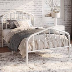 Twin Size Metal Platform Bed Frame with Victorian Style Wrought Iron-Art Headboard/Footboard, No Box Spring Required, White