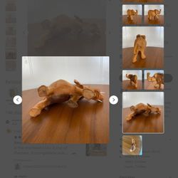 Hand Carved Wooden Elephant With Trunk Up. 