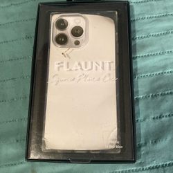  FLAUNT brand SQUARE phone case designed with a distinctive white finish and branded logo for the iPhone 15 Pro Max.