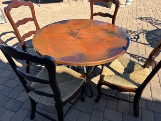 Hammered Copper-Top Table and Four Chairs
