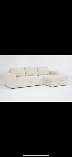 Living spaces Sebastian Cream White Beige Fabric 111" 2 Piece Convertible Futon Sleeper Sectional with Right Arm Facing Storage Chaise