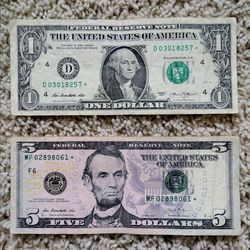 Set of two fancy serial number Federal Reserve Bank $1 & $5 STAR notes