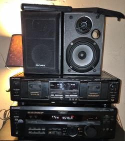 Vintage SONY STR-DE545 multi Media  Receiver, Sony Dual Cassette Tape Deck,  2  SONY bookshelf speakers , and remote for the receiver 