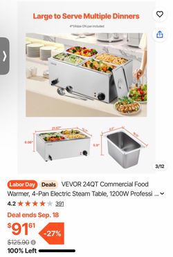 VEVOR 24QT 4-Pan Electric Food Warmer Steam Table