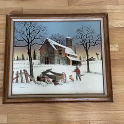 H.Hargrove 1983 Winter Farm Scene Hunter With Dog Serigraph On Canvas Framed 20x24 Signed & Numbered