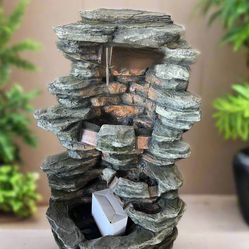 39 in. Resin Fiber Rockery Water Fountain with Led Lights, Multi Tier Relaxation Outdoor Fountain for Patio, Garden