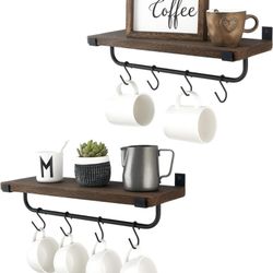 Mkono Mug Holder Wall Mounted Coffee Mug Rack Set of 2 Rustic Floating Shelf for Coffee Bar