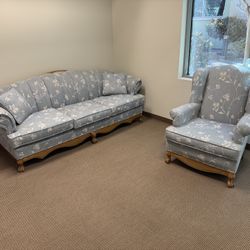 Victorian Fabric and Oak Sofa & Chair 