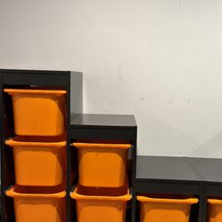 Wood Bins With Orange Plastic Bins -storage 