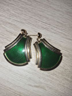 Green Enamel Fan-Shaped Drop Earrings