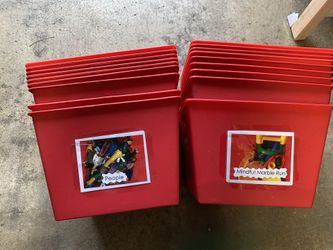 Red storage toys bins for kids